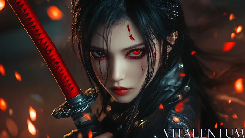 Digital painting portrait of red-eyed katana warrior heroine.