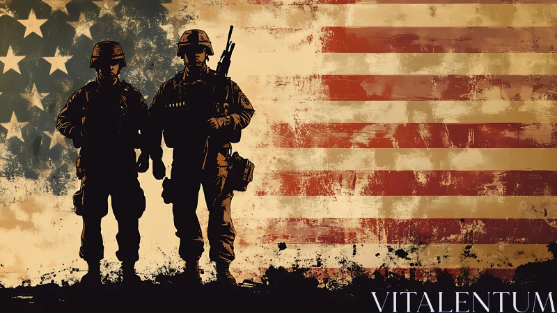 Standing strong together before a weathered US flag.