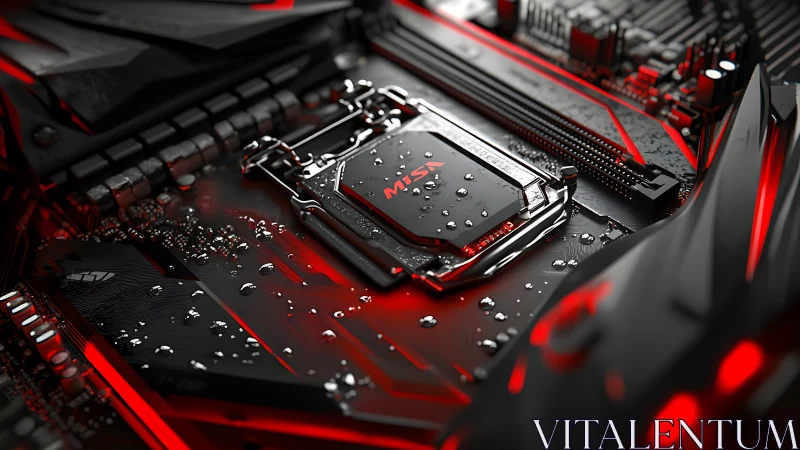 Close-up of MSI gaming motherboard with water droplets.