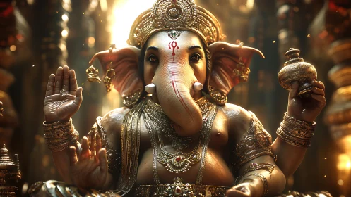 Golden Ganesha idol glows under dramatic temple light.