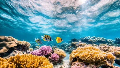 Colorful reef fish glide through sunlit tropical shallows