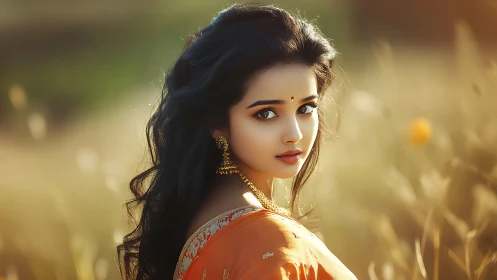 Portrait of Woman in Orange Saree with Traditional Jewelry, Soft Focus.