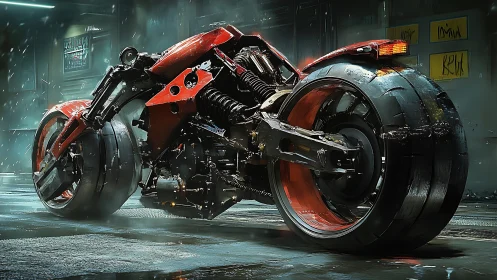 Futuristic red cyber bike idles in a rain-soaked alleyway.