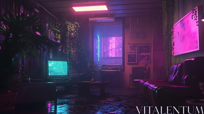 Neon illuminated lounge with retro electronics and wet floor