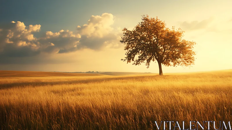 Solitary summer tree leans into a river of molten wheatlight