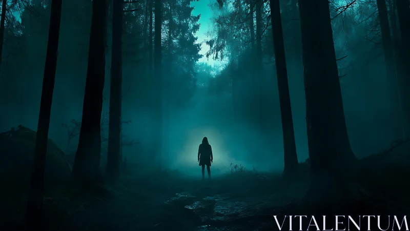 Lone figure stands in dark misty forest at night.