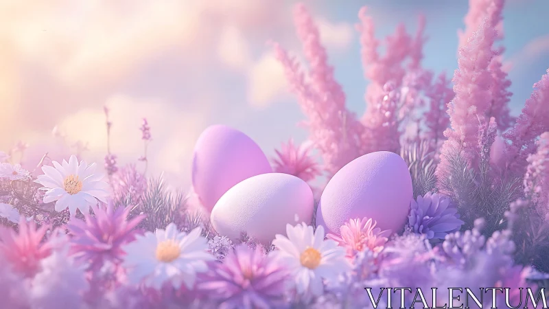 Soft pastel Easter eggs rest in a dreamy spring meadow