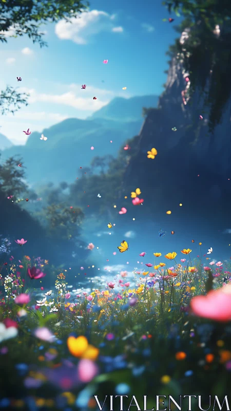 Depth-rich meadow scene with flying butterflies and volumetric haze