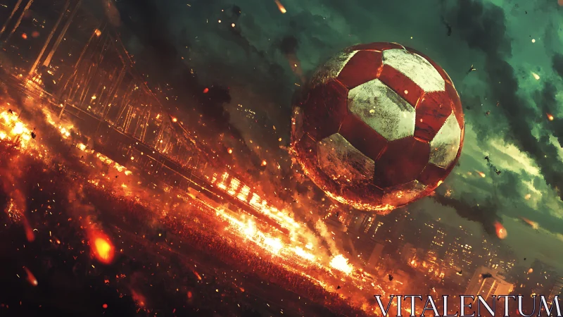 Colossal burning soccer ball engulfs futuristic stadium