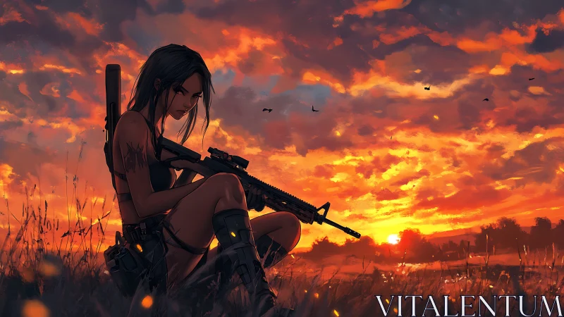 Battle-ready woman with rifle under blazing sunset sky.