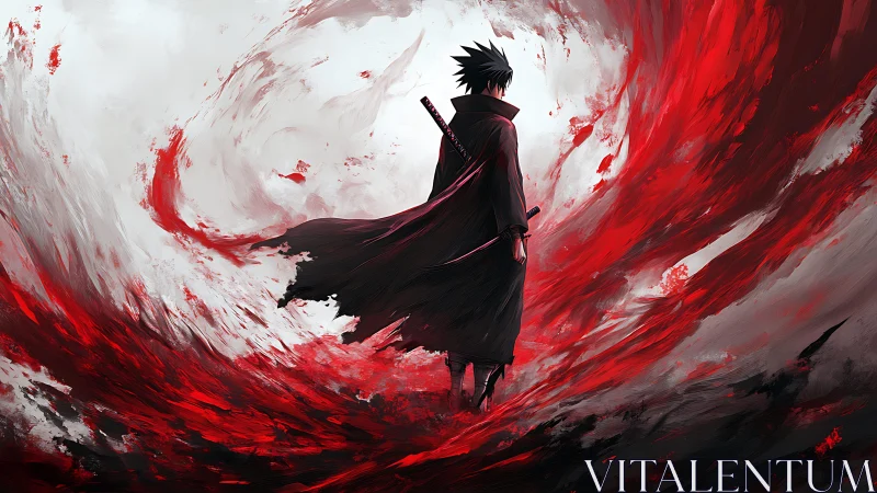 Lone swordsman amid swirling red and white energy vortex.