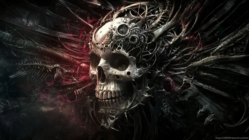 Biomechanical skull merges with dark cables and metallic veins