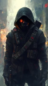 Hooded cybernetic hunter stalks through neon urban ruin.