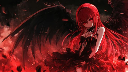 Red haired winged figure stands in high contrast red field