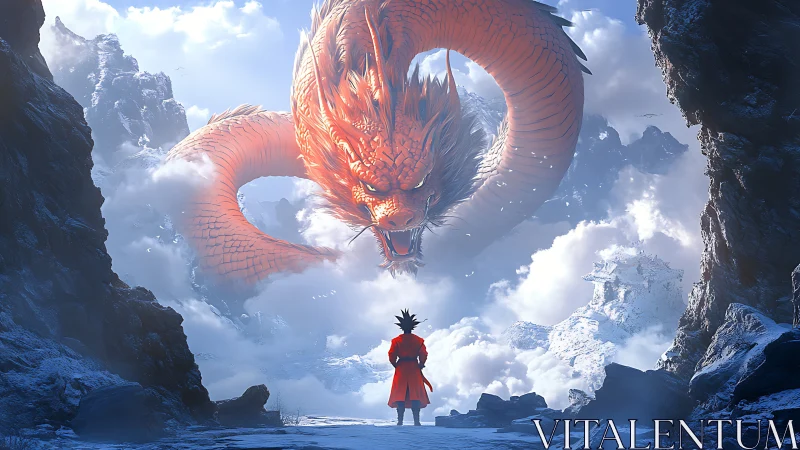 Majestic sky dragon meets a brave traveler in icy peaks