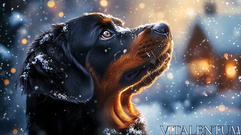 Winter-bright dog gazes upward, catching stories in snowlight