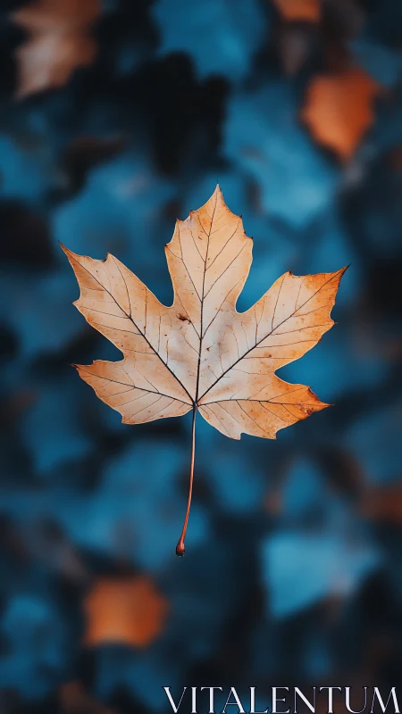 Lone maple leaf quietly glows against a midnight teal blur