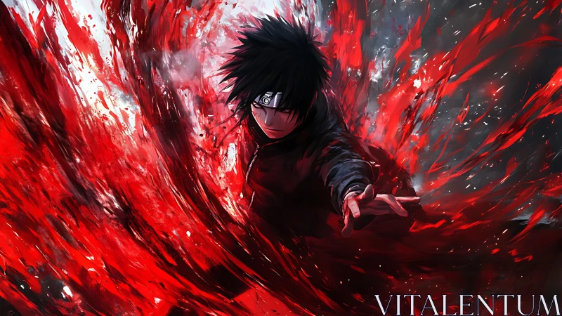 Fierce anime hero rising within a storm of red power.