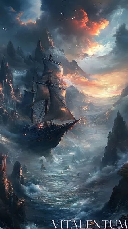 Aerial galleon traversing storm-torn basaltic sea gorge.