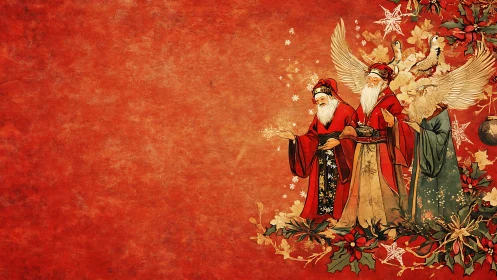 Three robed elders stand on ornate red textured background