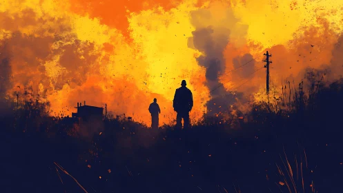 Post-apocalyptic silhouettes against incendiary sunset field.