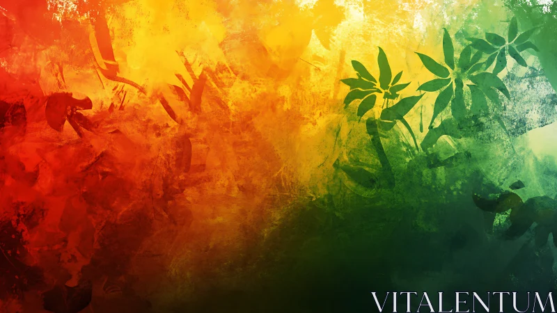 Tropical foliage silhouette over warm gradient field.