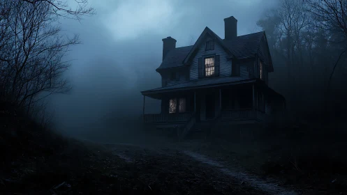 Old wooden farmhouse glows softly through dense night fog