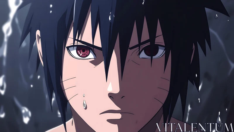Anime boy with wet face stares forward with intense focus