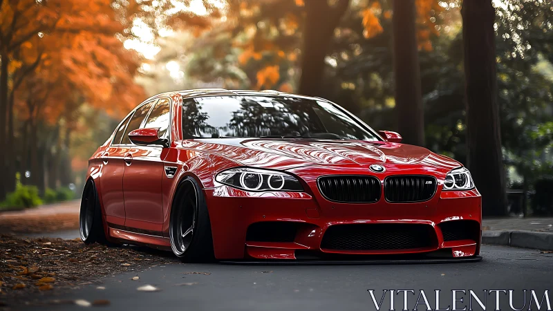 Crimson BMW sedan gliding through a glowing autumn lane.