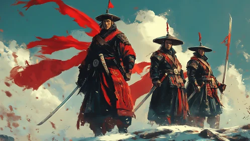 Storm-wrapped warrior trio cuts a crimson path through clouds