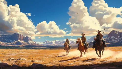Riders cross a sunlit western plain under bold summer clouds