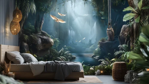Bedroom interior with immersive forest lake wall mural.