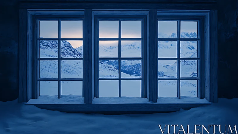 Triple-paned silence frames a blue hour mountain dreamscape