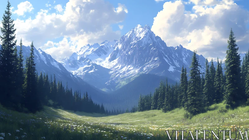 Summer meadow quietly crowns the distant glacier peaks