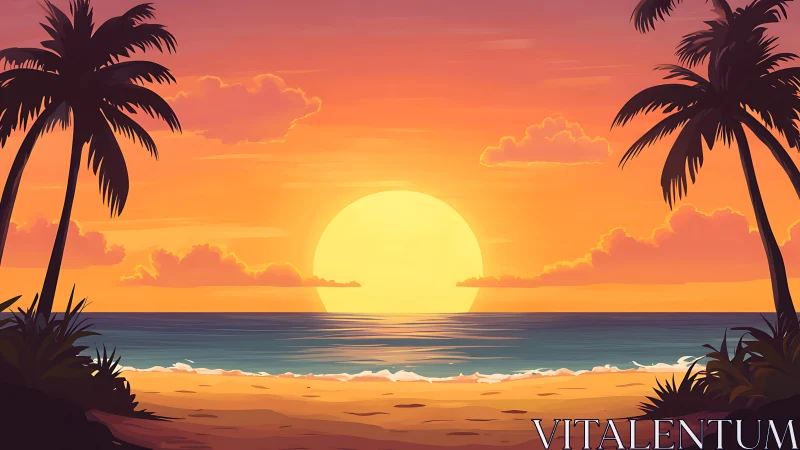 Sunset is depicted over a tropical shoreline with palm trees