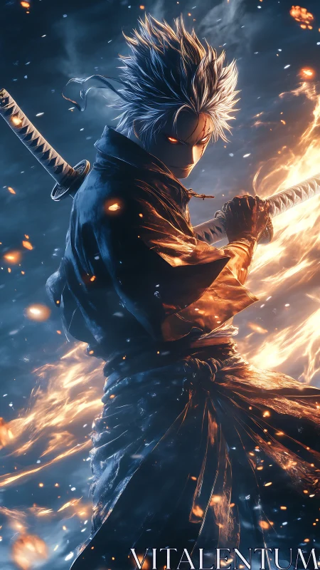 Fiery anime swordsman standing bold between flame and frost.