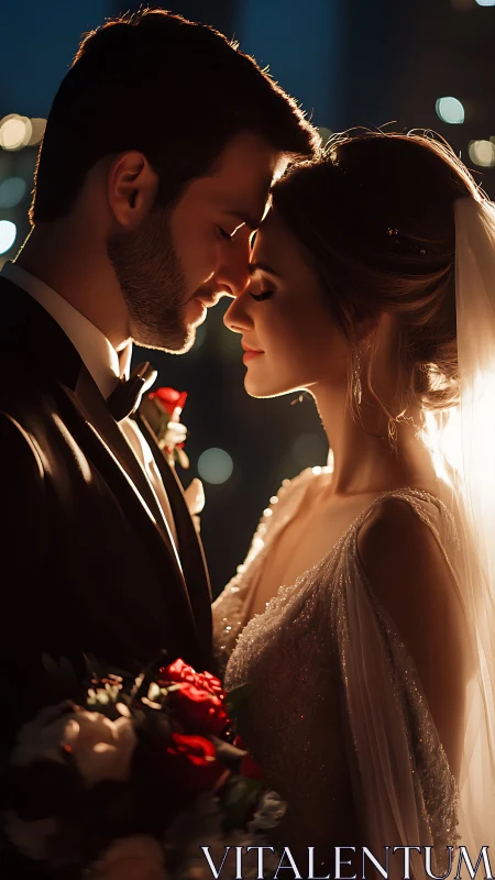 Romantic bridal couple embrace under warm city lights.
