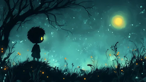 Luminous child silhouette under teal moonlit forest sky.