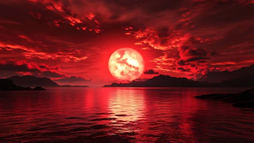 Crimson supermoon descends over dark coastal mountains