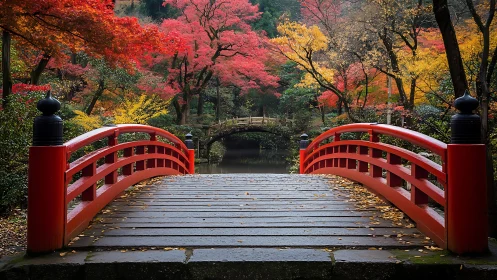 Crimson bridge welcoming quiet walks through autumn color.