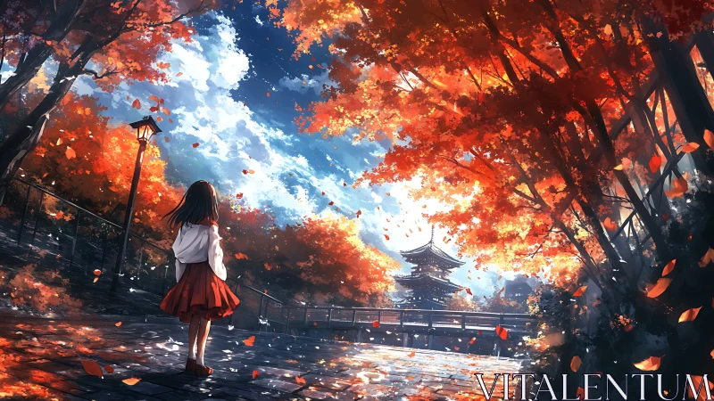 Girl walks through glowing autumn path toward distant pagoda