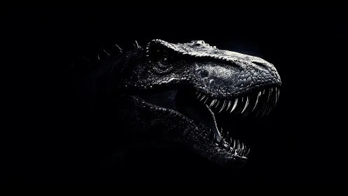 Dinosaur head rendered in dark, high contrast profile.