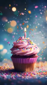 Pink frosted cupcake with lit candle amid cascading colorful sprinkles