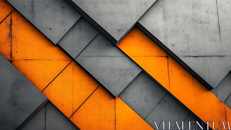 Geometric concrete panels intersect with bold orange diagonals.