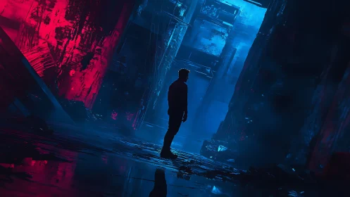 Silhouetted wanderer in neon split alleyway lightscape.