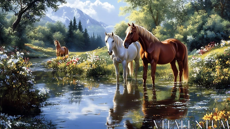 Gentle horses resting in a sunlit mountain stream haven.