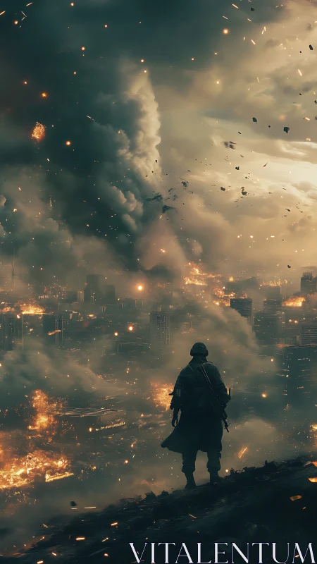 Solider stands above burning futuristic city in heavy smoke