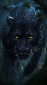 Black Panther Portrait with Luminous Eyes in Moody Atmosphere.