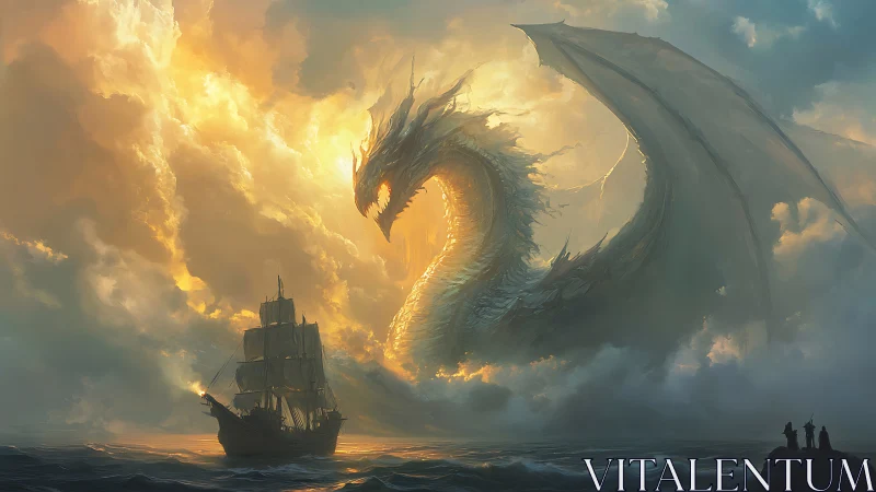 Colossal sea dragon confronts tall ship under stormlit sky.