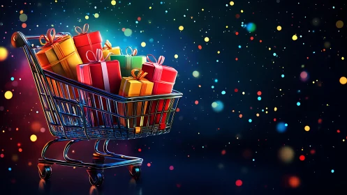 Holiday gift-loaded shopping cart under festive bokeh lights